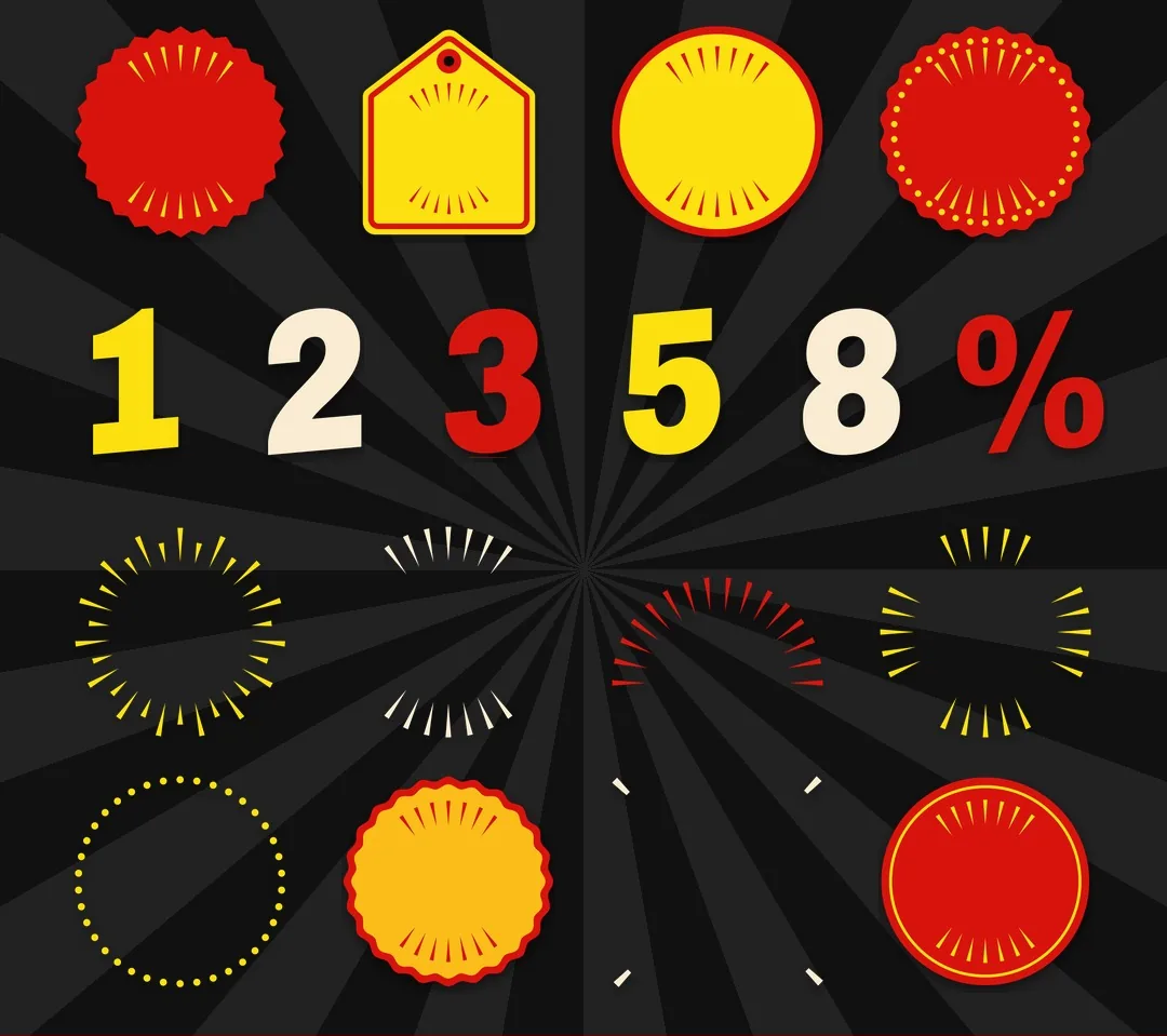 Bonus elements: blank badges, digits, ray bursts and dots